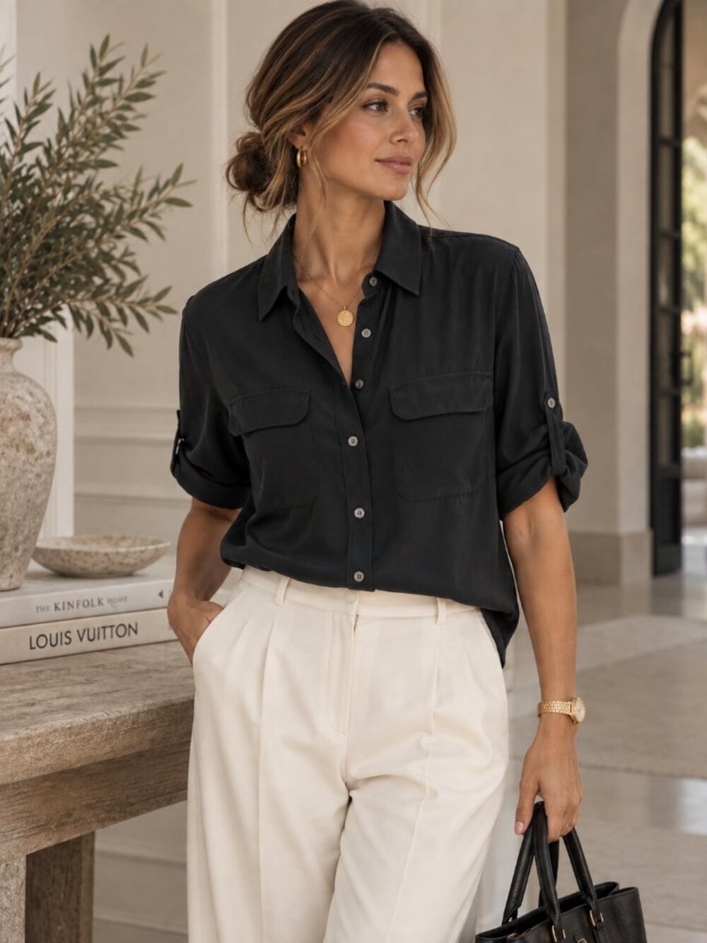 EQUIPMENT FEMME Black Silk Button Down Blouse Roll Tab Sleeve Quiet Luxury Chic